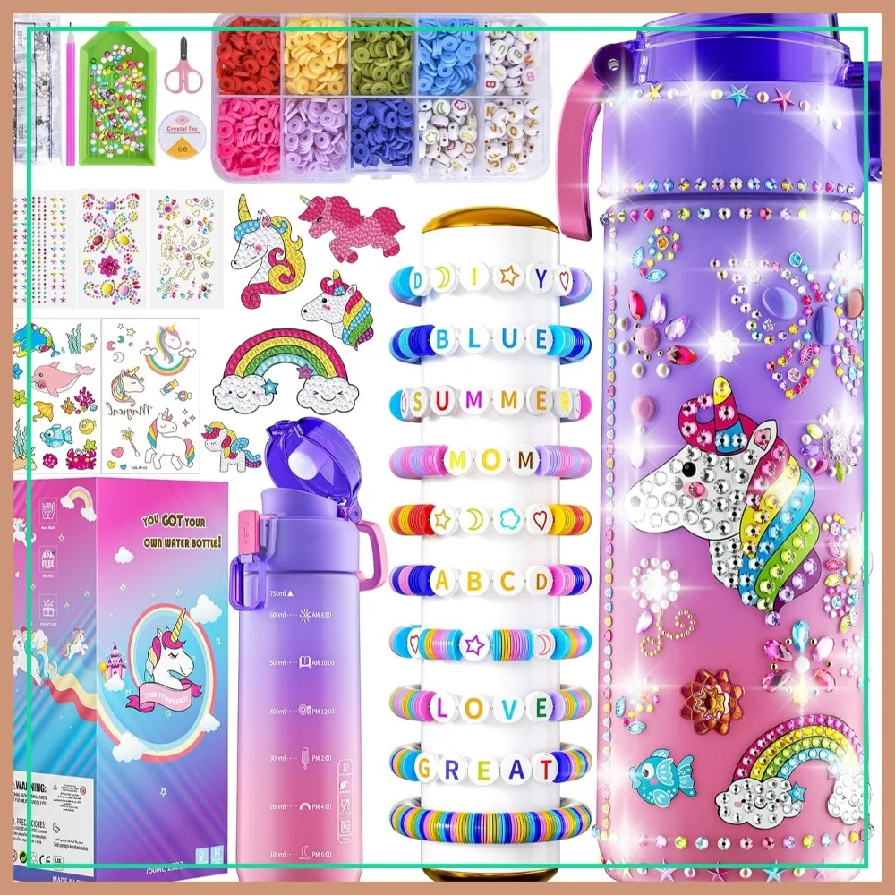 

Decorate Your Own Water Bottle Kits for Girls, Unicorn Diamond Painting & Friendship Bracelet Set, Arts Crafts Ages 4-10, Birthday Gift