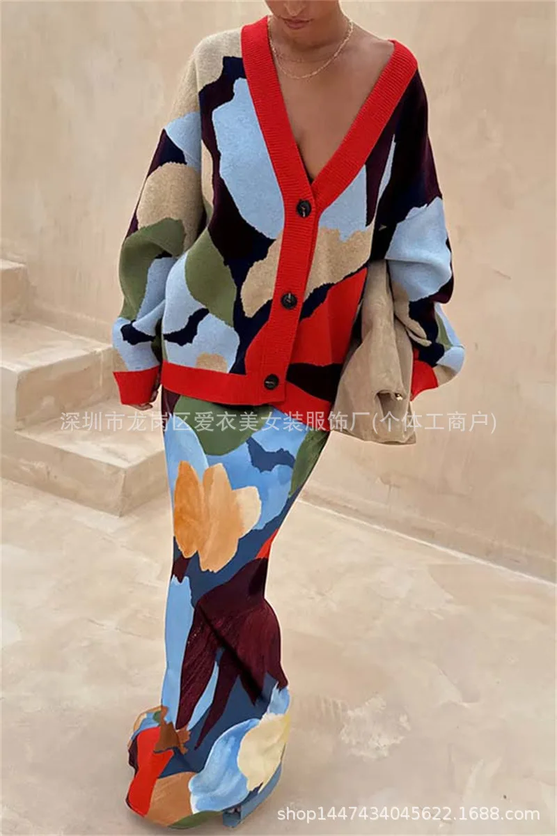 2025 Otoño Invierno nuevo bloque de Color Jacquard suelto cuello en V cárdigan de manga larga mujeres multicolor opcional moda versátil Top