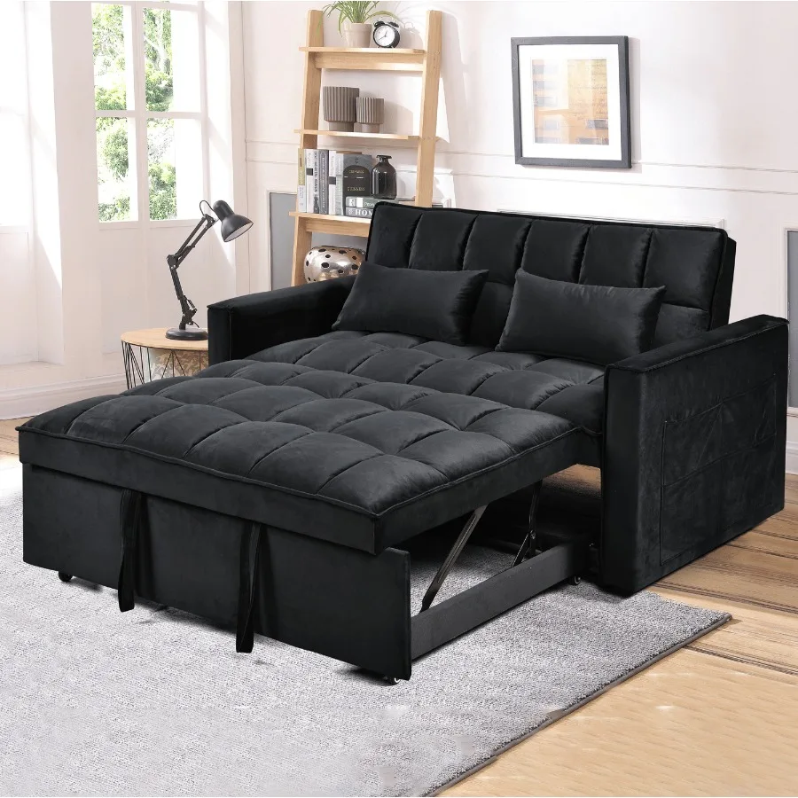 

Modern Velvet Loveseat Futon Sofa Couch Pullout Bed Small Love Seat Lounge Sofa w Reclining Backrest Toss Pillows Pockets Furni