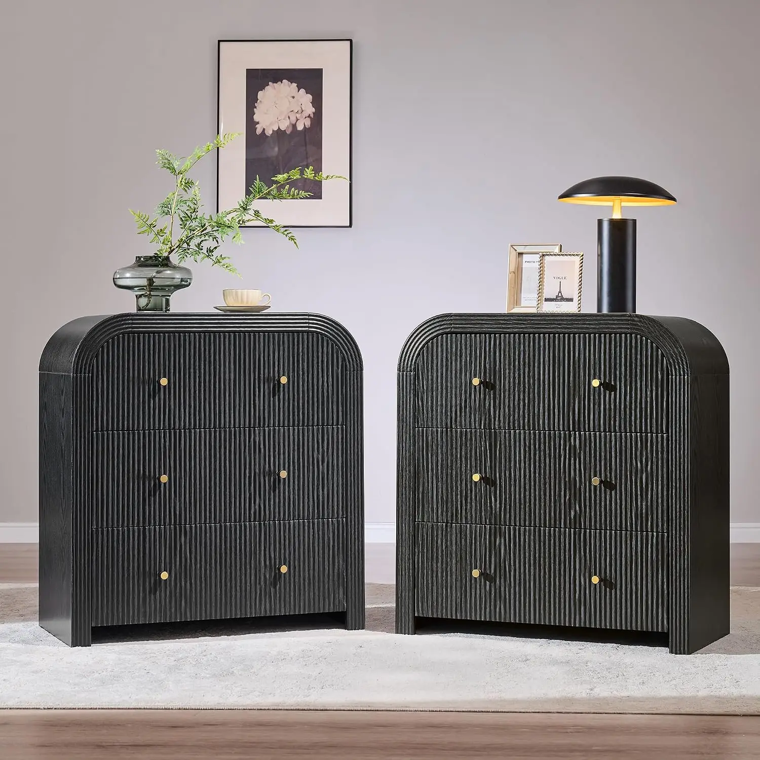 32 Inch Fluted Nightstand Set Of 2 With Charging Station, Black Oak, Customized