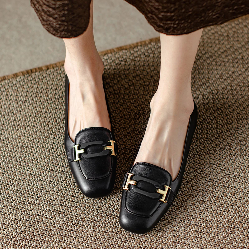 Zapatos planos de cuero genuino con punta cuadrada y tacón bajo, poco profundos, versátiles, informales, cómodos