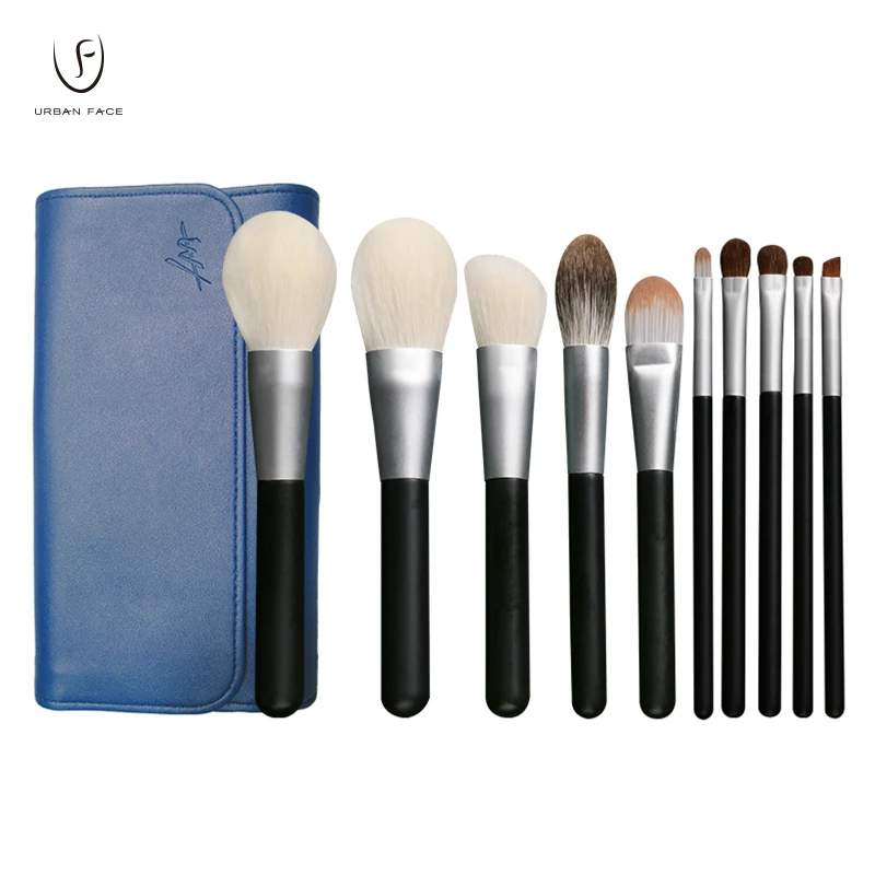 

Makeup brush sets 10pcs face brush high quality natural goat hair fluffy wooden handle matte black make up brush with blue case