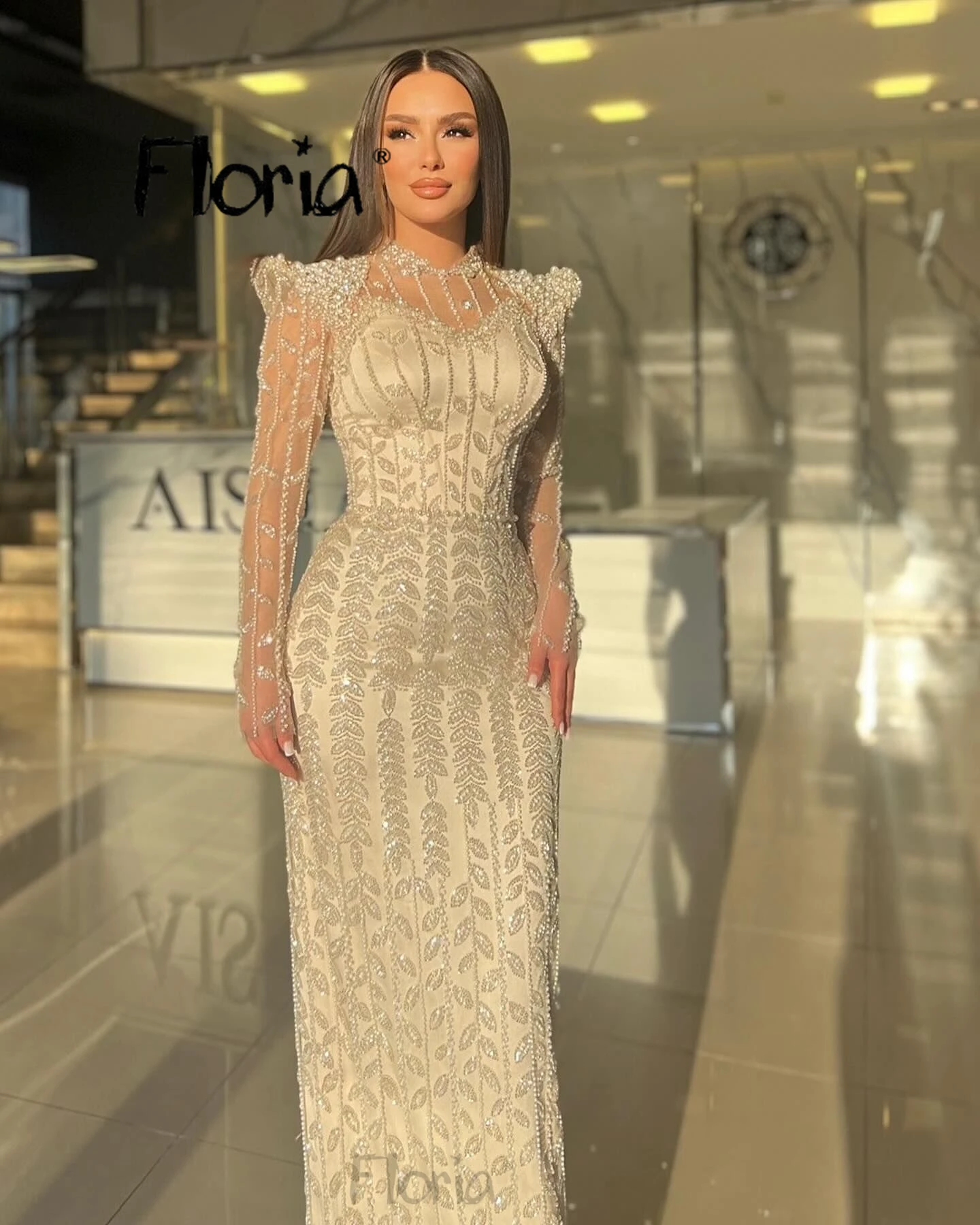 

Floria Turtle Neck Long Sleeve Light Champagne Evening Dresses Full Beaded Sparkly Wedding Guest Dress Women Vestidos De Fiesta