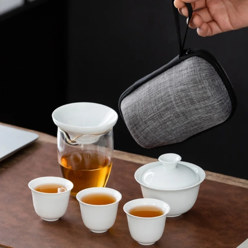 Portable Chinese Kung Fu Tea Set Ceramic Teapot Set Travel Gaiwan Tea Cups of Tea Ceremony Teacup Fine Gift with Travel Bag