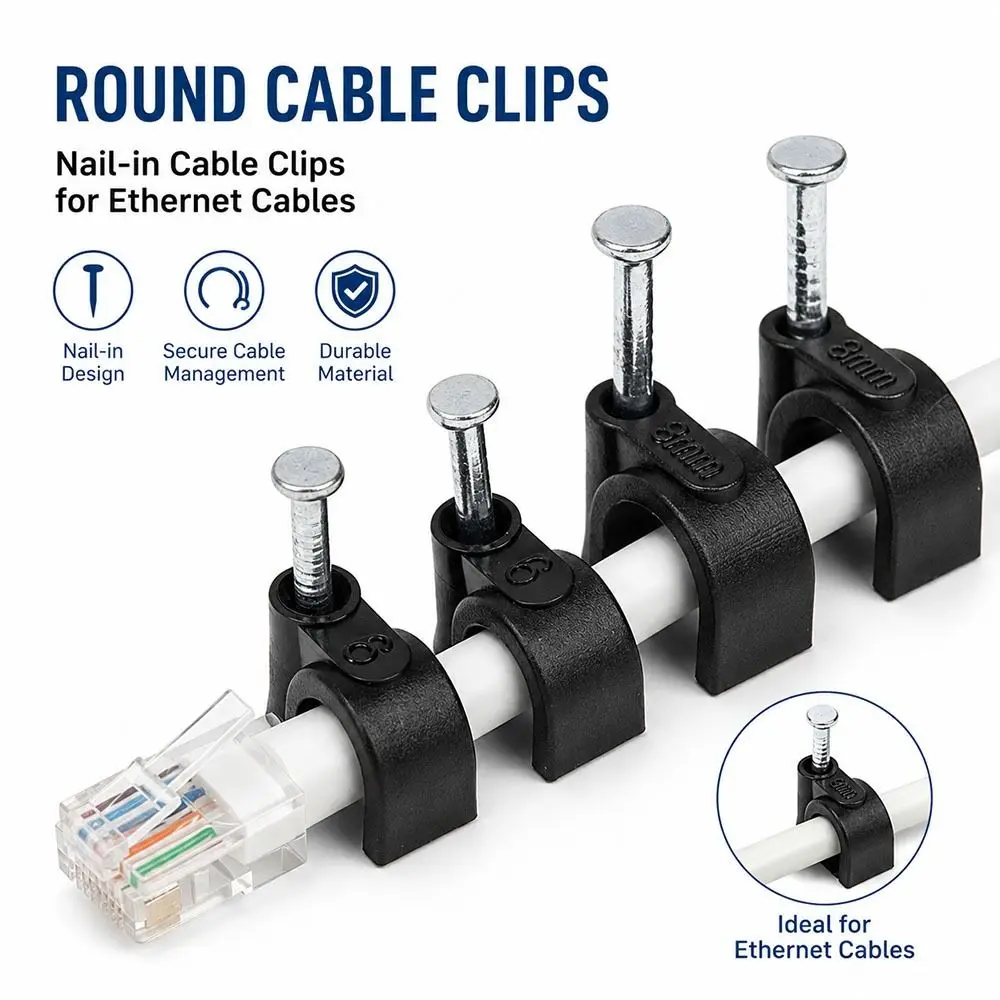 100Pcs/Set 4-16mm Round Cable Wire Clips Black Steel Nails Nail In Cable Clips Cable Management Plastic Metal Cord Holder Clips
