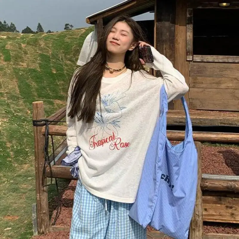 

Модный хлопковый топ для женщин, весна-лето, новый, белый, с обычным вырезом на плечах, с длинными рукавами, свободный, повседневный, шикарный, в корейском стиле, топ с длинными рукавами