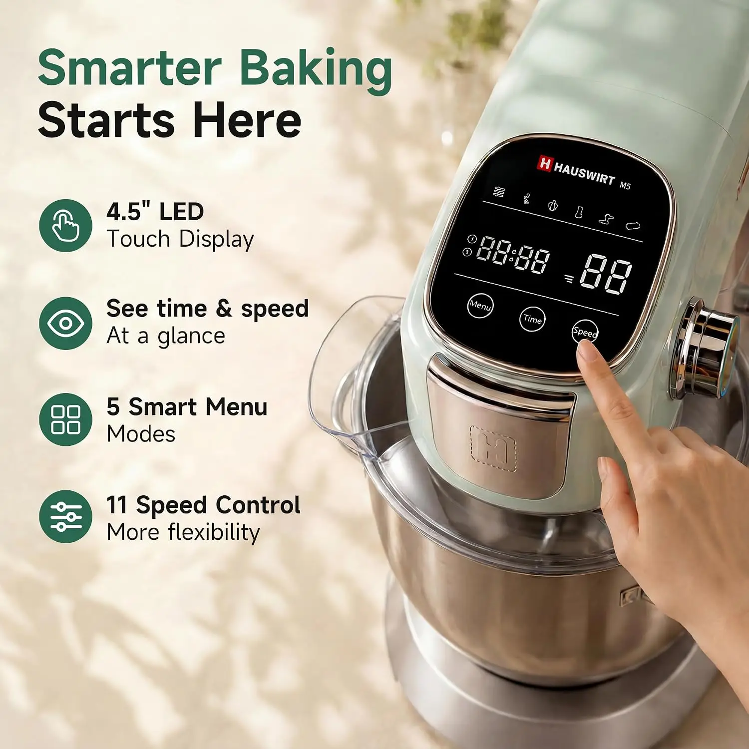 5.3QT Stand Mixer LED Touch Screen Quiet Operation 11 Speed