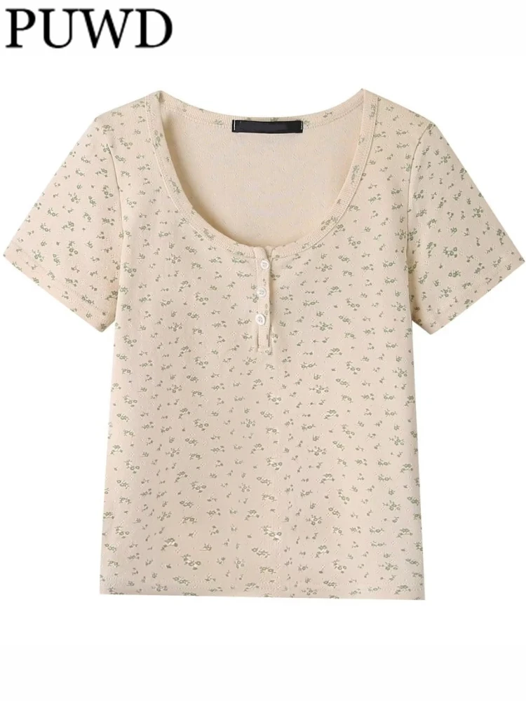 PUWD Casual Women Soft Cotton Beige Floral Printed Tees 2023 Summer Vintage O Neck Front Buttons Short Sleeves Female Tops Chic