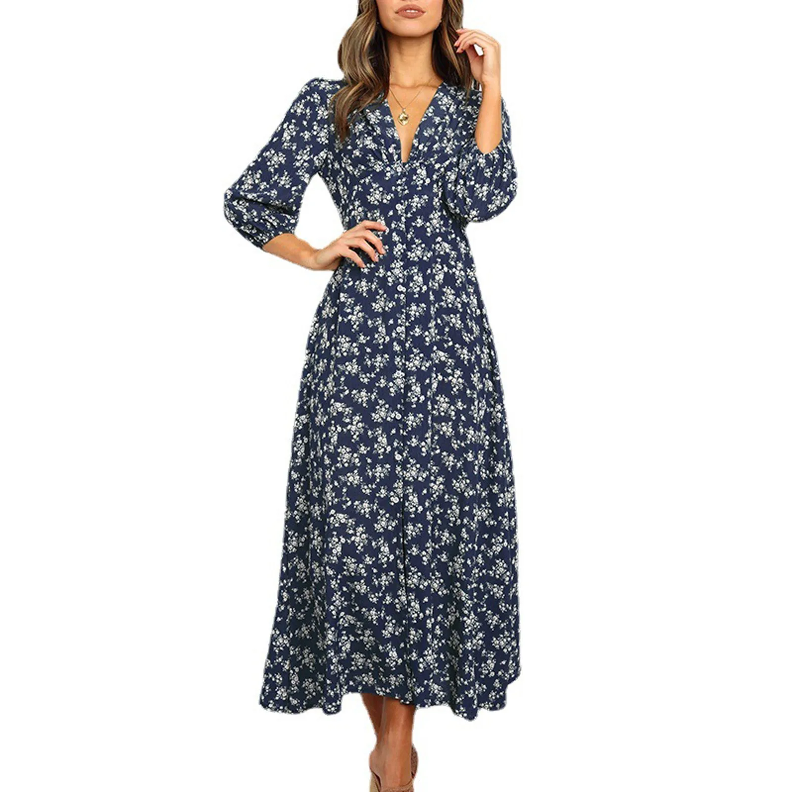 Womens Long Sleeve Bohemian Floral Maxi Dresses Loose Casual High Waist Boho Printed Maxi Dress Beach Dress Vestidos Para Mujer