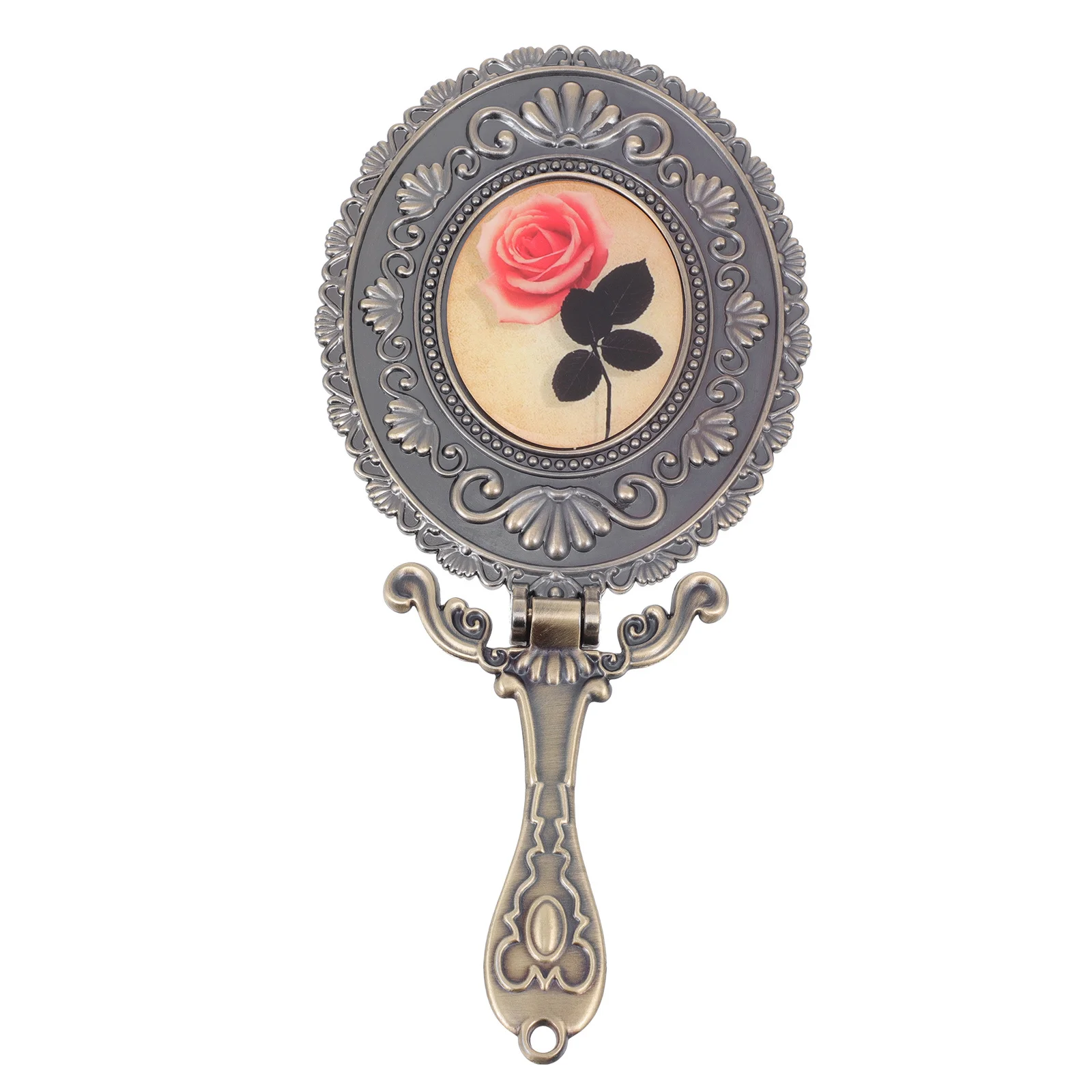 مرآة بمقبض وردي عتيق، مرآة مكياج محمولة رقيقة، أداة محمولة أنيقة للمنزل والمكتب #2