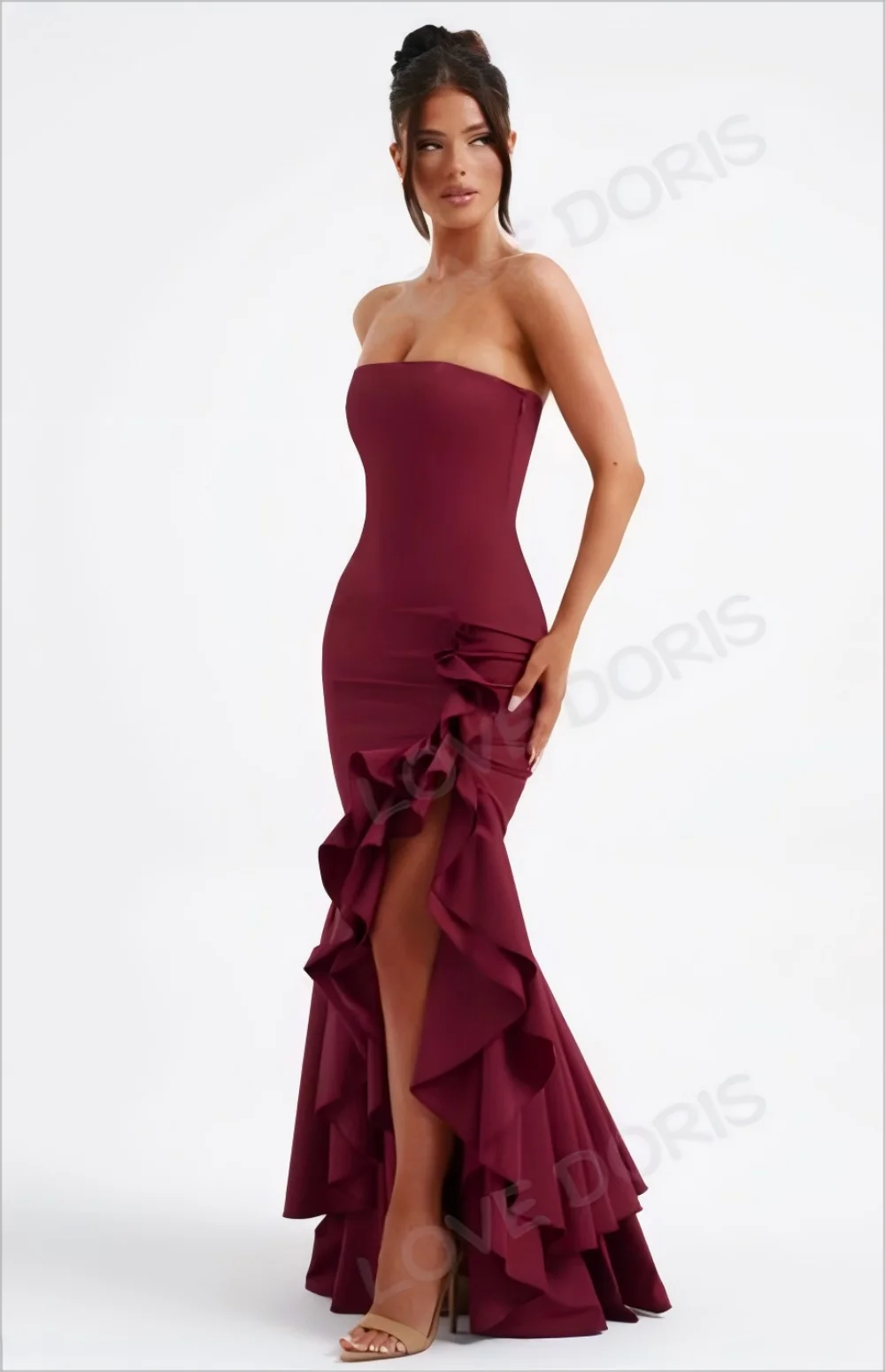 

LOVE DORIS Prom Dresses 2025 Burgundy Party Dress Ruffles Satin Mermaid Sleeveless Evening Dress Ruched Floor Length Customized