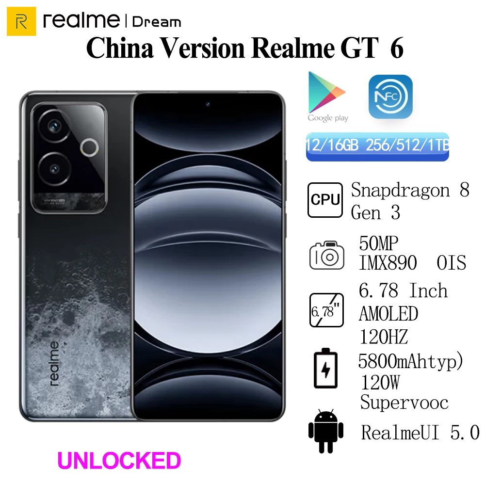 Original Realme GT 6 Mobile Phone 6.78" AMOLED 120HZ Snapdragon 8 Gen 3 OTA 120W Charge 5800mAh Battery 50.0MP Android 14.0