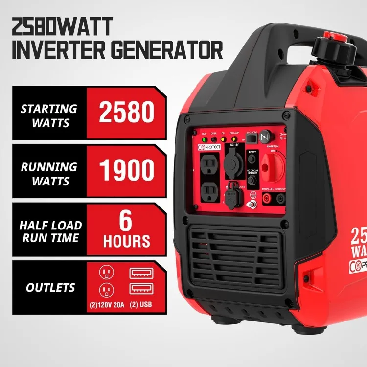 2580-Watt Gas Powered Portable Inverter Generator, Super Quiet for Camping, Tailgating, Home Emergency Use, EPA Compliant