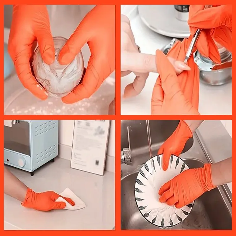 100/50/20PCS Orange Nitrile Gloves Disposable Waterproof Gloves for Household Kitchen Dishwashing Bathroom Cleaning Hair Dyeing