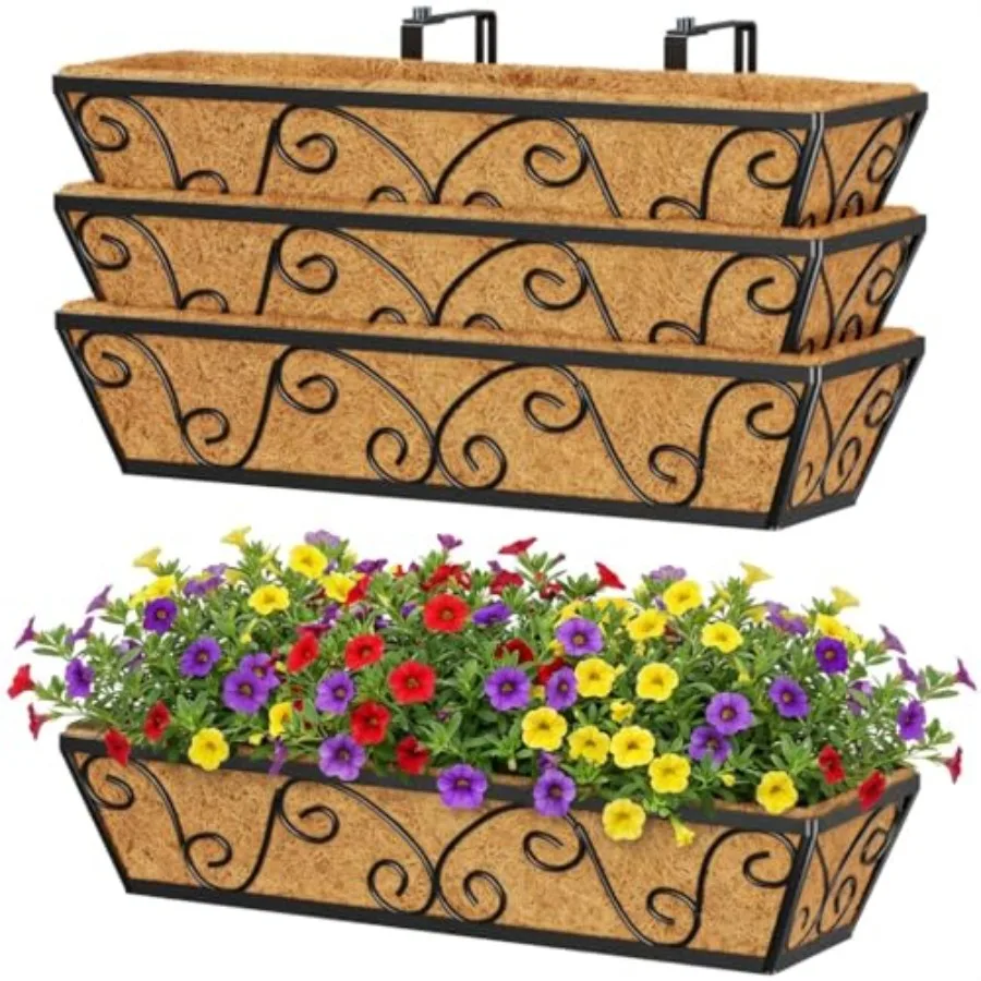 

24 Inch Window Deck with Coco Liner Fence Metal Hanging Flower Planter Window Basket Deck Railing Planter Boxes for Outdoor Gar