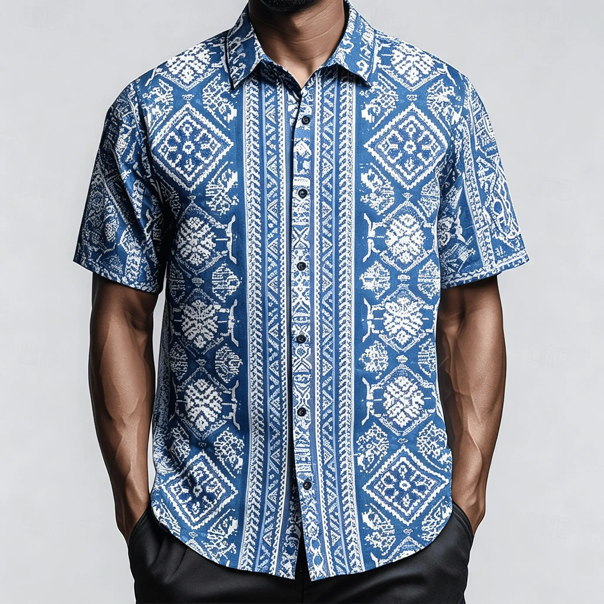 

Men's Blue White Ethnic Tribal Print Short Sleeve Shirt, Vintage Boho Button Up Shirt For Spring & Summer