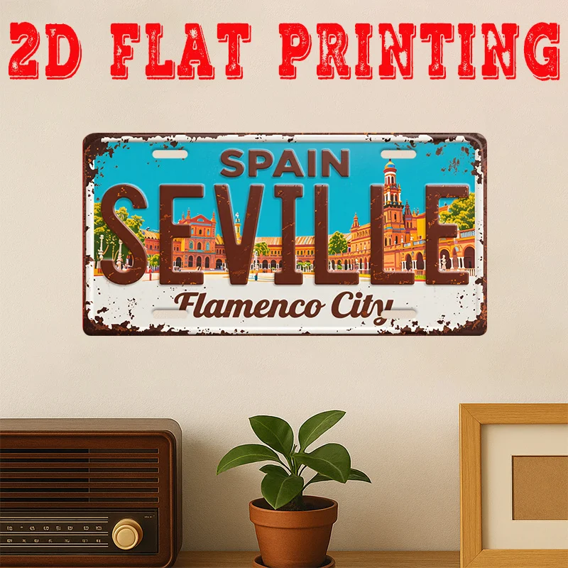 Spain Seville Flamenco City 2D Flat Printing License Plate Style Metal Tin Sign, Spanish Cityscape Landmark Themed Decorative Al