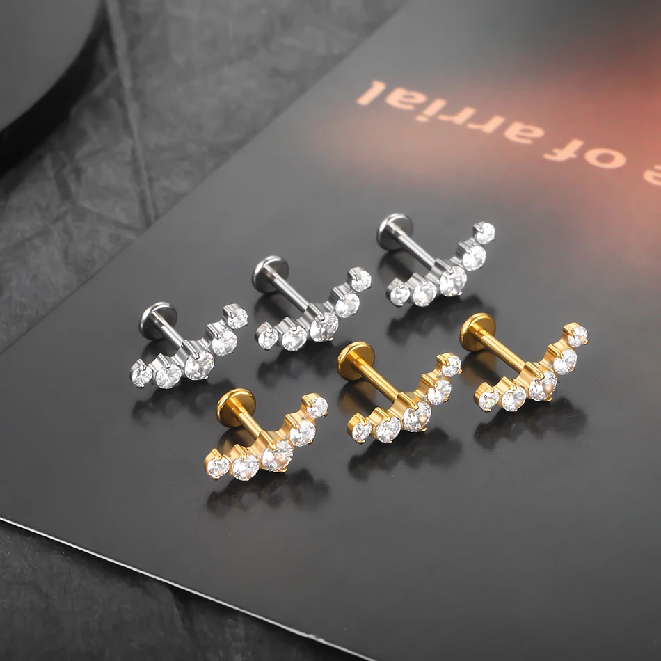 1PC Labret Piercing Titanium Gold Color Conch Helix Piercing Stud Earring Cubic Zircon Lip Studs Ring Cartilage Earring Jewelry