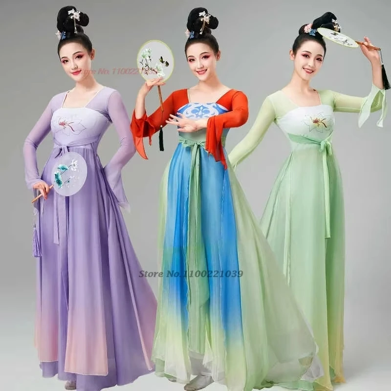 

2026 chinese traditional dance costume flower print gradient color chiffon dress oriental dance stage performance hanfu dress