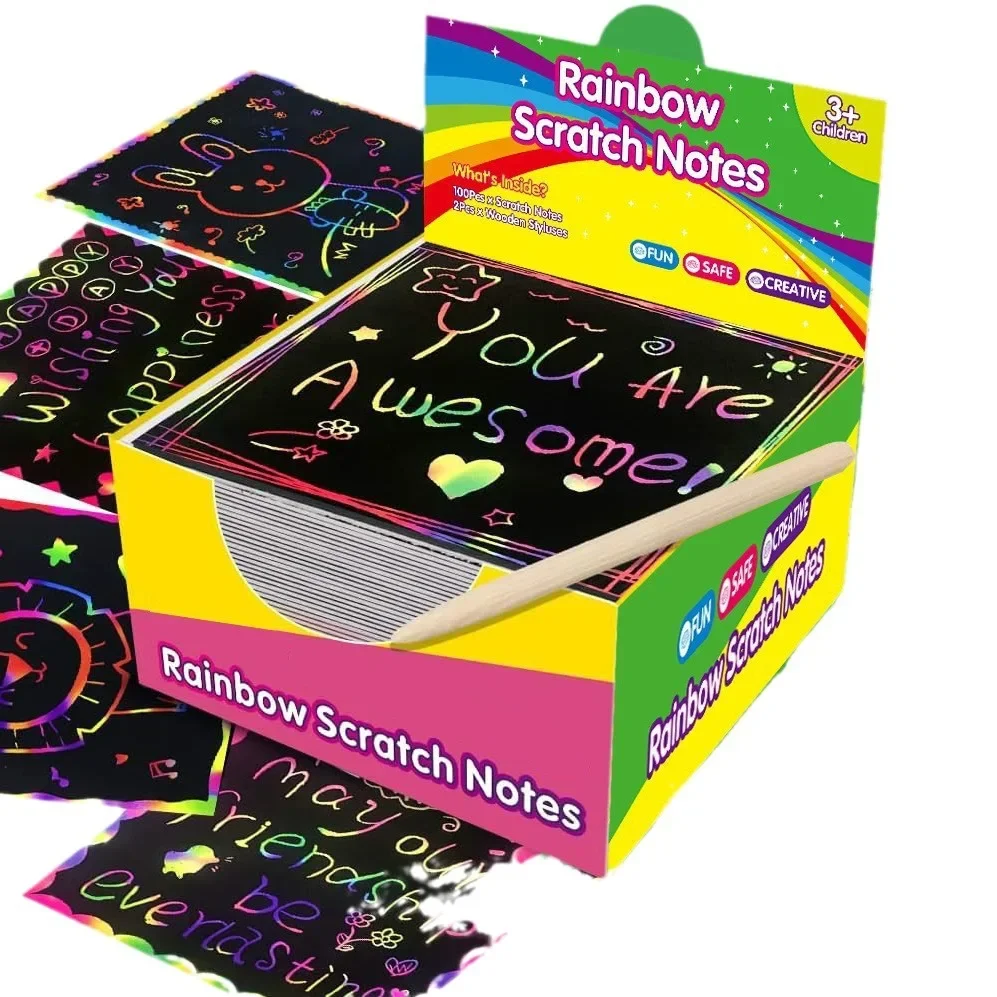 100pcs Scratch Paper Art Set Scratch Off Rainbow Magic Paper with 2 Bamboo Stylus Black Scratch Notes Xmas Birthday Gift Card