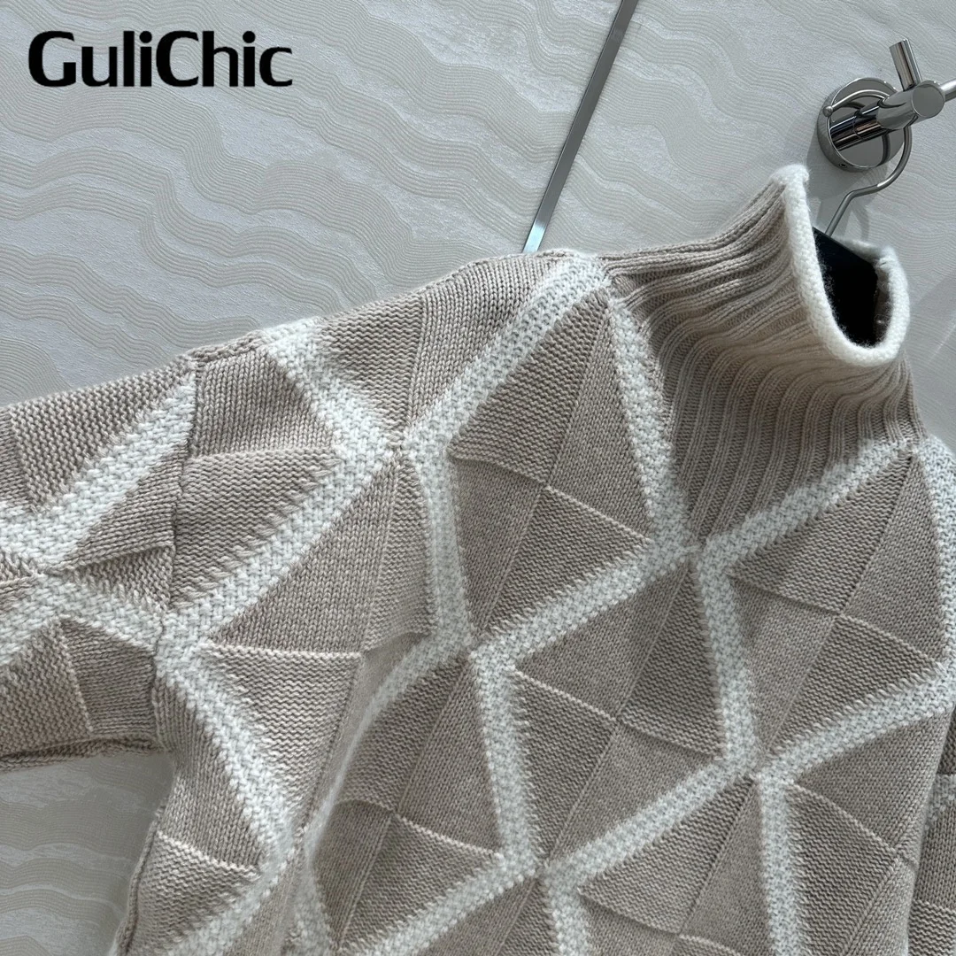 8.3 GuliChic High Qaulity 100% Cashmere Turtleneck Contrast Color Argyle Vintage Fashion Loose Comfortable Knit Sweater Women