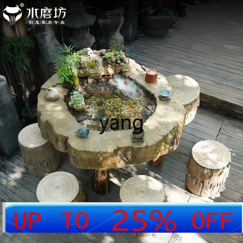 LMM courtyard imitation wooden pile flowing water tea table and chair combination micro landscape fish tea table