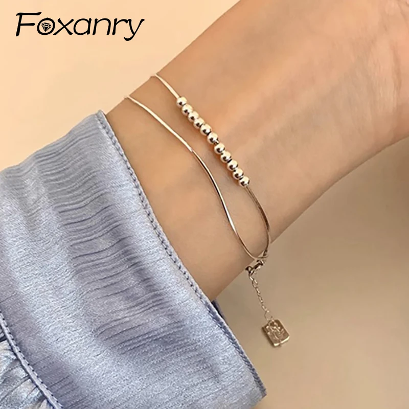 Foxanry 1 PC Double-layered Snake Chain Bracelet For Women Couples Minimalist Elegant Round Geometric Beaded Party Jewelry Gifts