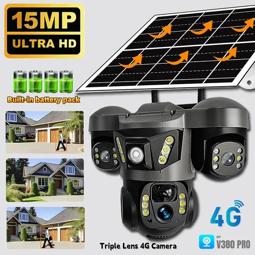 Cámara Solar 4G con Triple lente y Zoom de 15MP, 10X, pantalla Triple para exteriores, CCTV, detección de movimiento PIR, vigilancia de seguridad V380 Pro