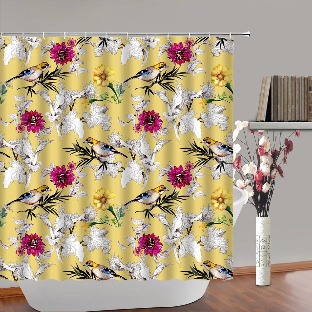 Colorful Tulip Daisy Flowers Shower Curtain Bathroom Decor Spring Watercolor Poppy Floral Birds Fabric Bath Curtains With Hooks