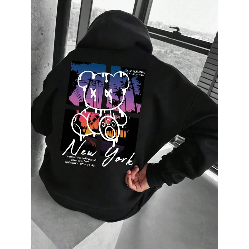 

New Men's Slogans and Cartoon Graphics Kangaroo Pocket Drawstring Hoodie New York Cotton Fleece Hoodie Men's Hoodie
