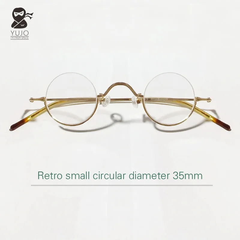 Golden Small Circular Half Frame Metal Eyeglass Frame Suitable for Men and Women, Lightweight Retro Silver Glasses with a 35mm