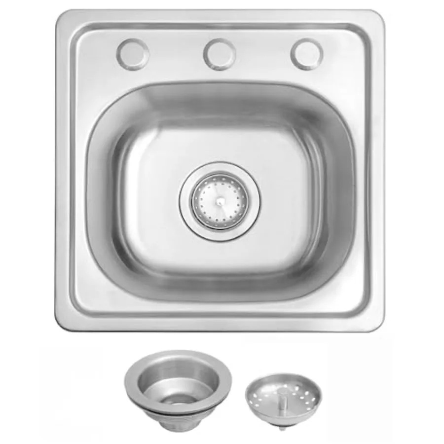 

15 x 15 inch Drop in Bar Sink T304 RV Kitchen Sinks 8'' Deep Outdoor Single Bowl Wet BarandPrep Small Topmount RV Sinks with St