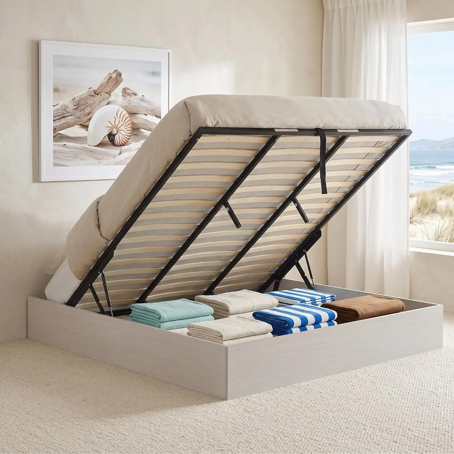 King Size Lift Up Storage Bed Frame, Wood & Metal Slats, No Headboard, No Box Spring, Easy Assembly, White, Customized