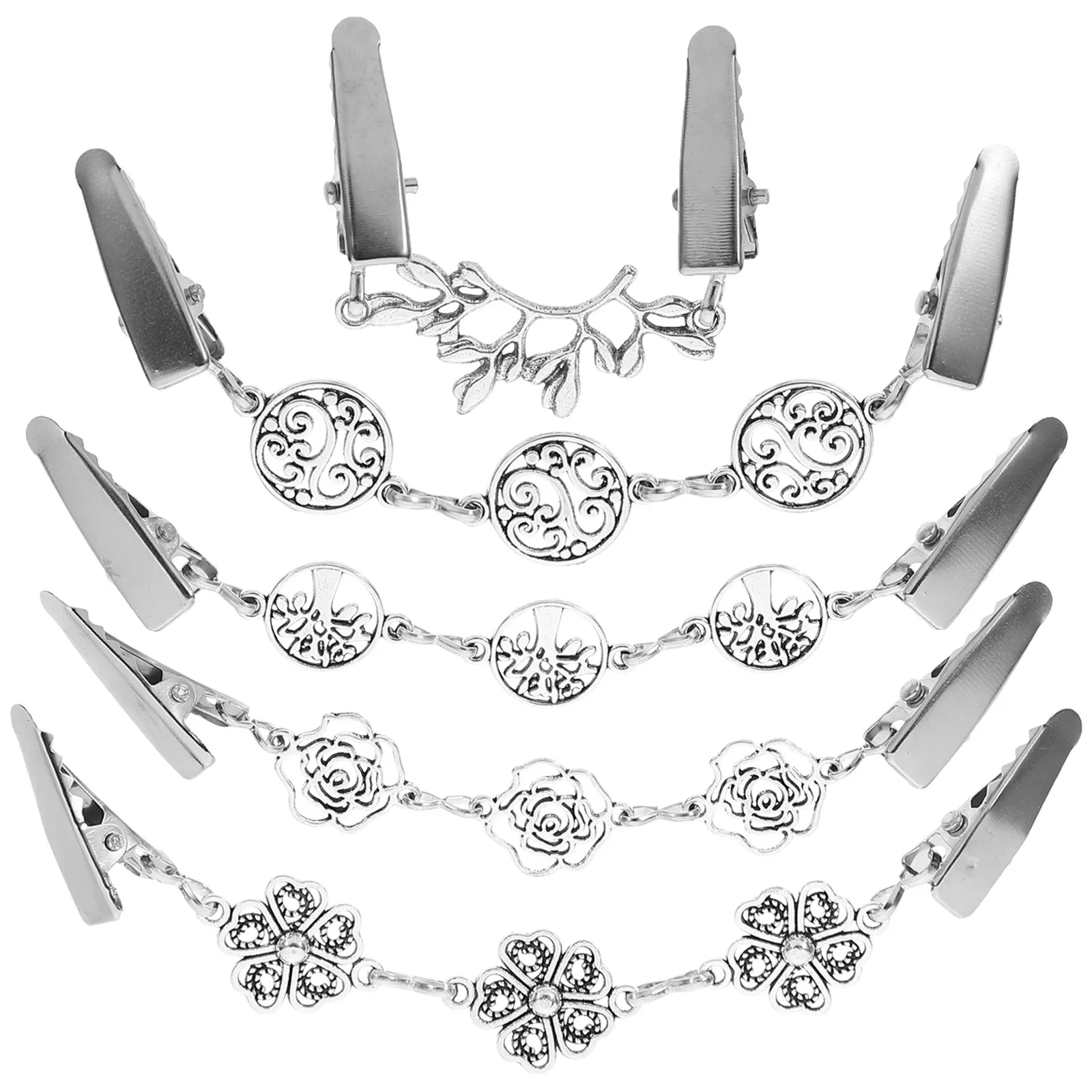 

Набор из 5 винтажных серебряных зажимов для кардиганов, шалей, шарфов, свитеров, ретро-цепочки-зажимы для женской одежды, модные аксессуары