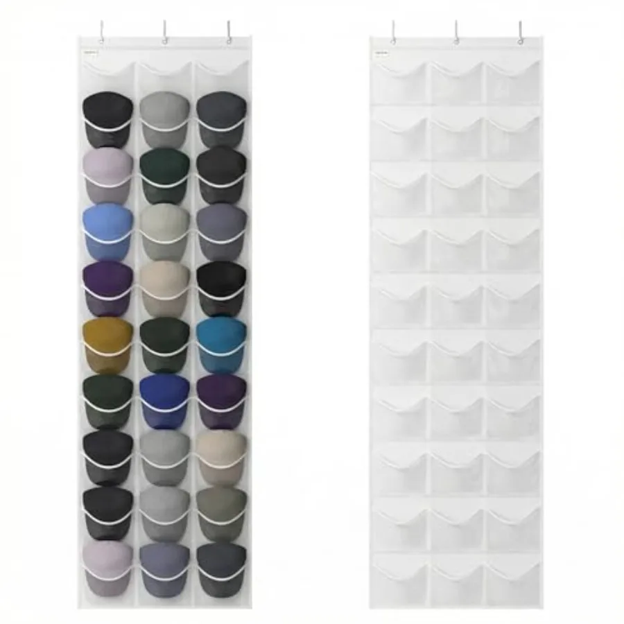 

Baseball Hat Rack 24 Pocket Over-The-Door Hat Organizer with Clear Deep Pockets to Display Baseball Caps Collection Complete wi