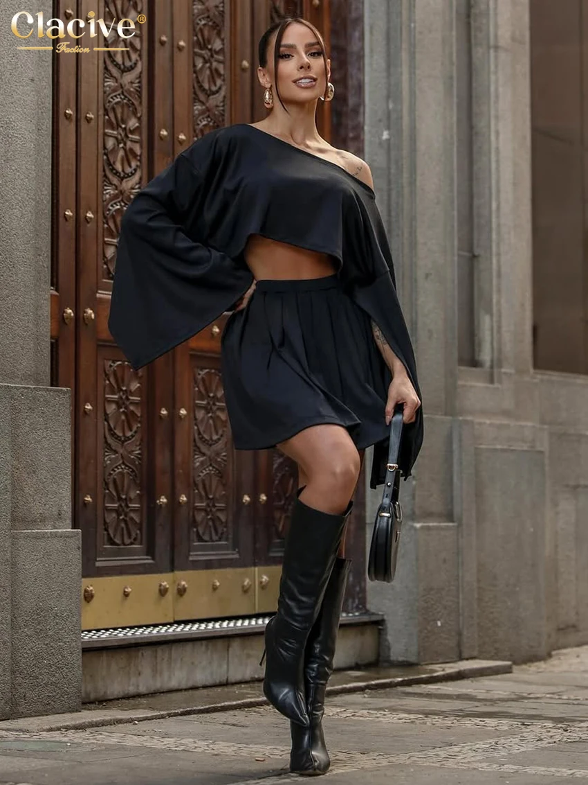 Clacive Sexy Loose Black Women's Two Pieces Set 2025 Fashion Long Sleeve Crop Top With High Waist Pleated Mini Skirt Set Female