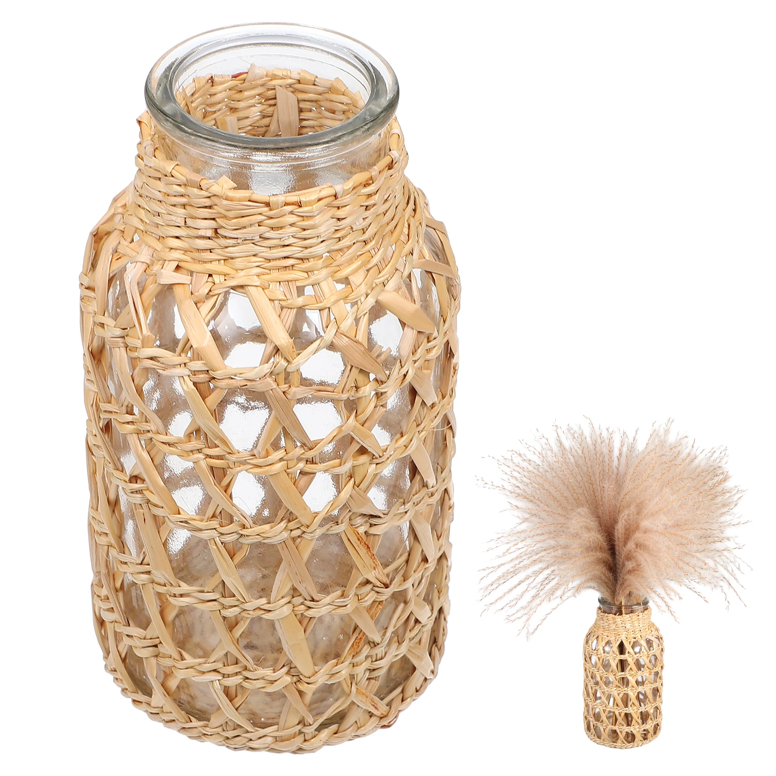 

1pc Rattan Glass Vase Clear Woven Decorative Flower Container Desktop Vase Home Ornament Simple Beauty Durability