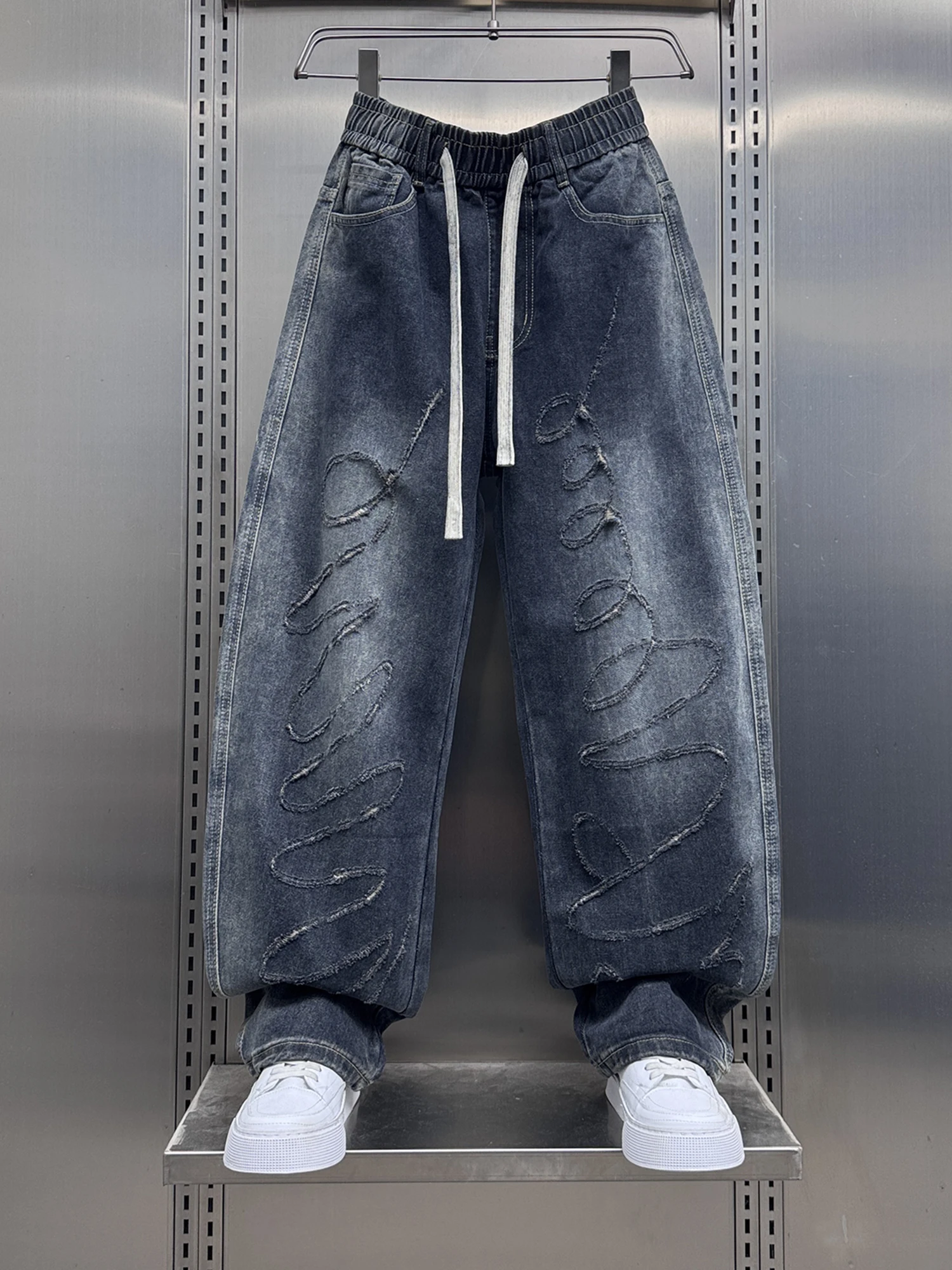 

Ripped Blue Denim Jeans Straight Leg Loose Fit Hip Hop Long Trousers Casual Youth Faion Autumn Winter High Street Sle