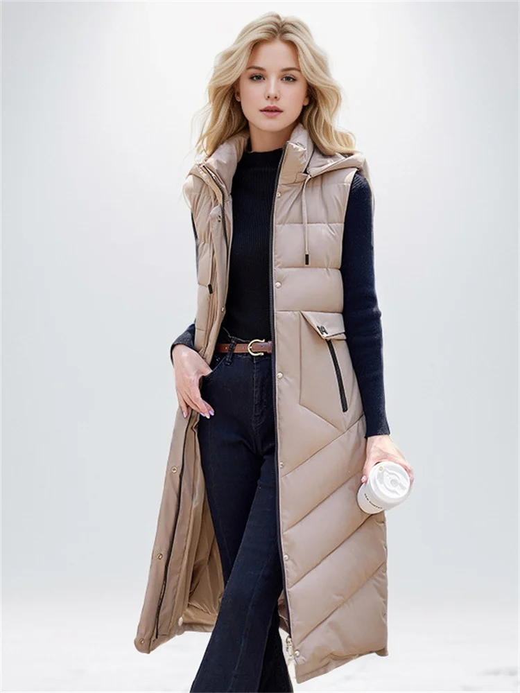 

Fall-Winter 2024 New Women's Jacket With Long Cotton Waistcoat Vogue Over-The-Knee Hooded Padded Sleeveless Vest Warm Coats