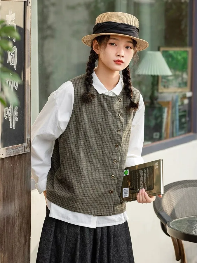 

Женский льняной хлопковый жилет, повседневная универсальная верхняя одежда, осенний сезон, круглая застежка на одной пуговице с рисунком