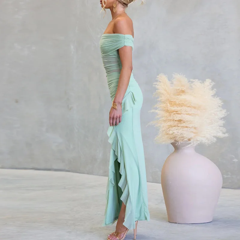 Vestido de fiesta con espalda descubierta y agujeros para mujer, vestido elegante de Color sólido con volantes y abertura, vestidos de dama de honor ajustados de malla de verano