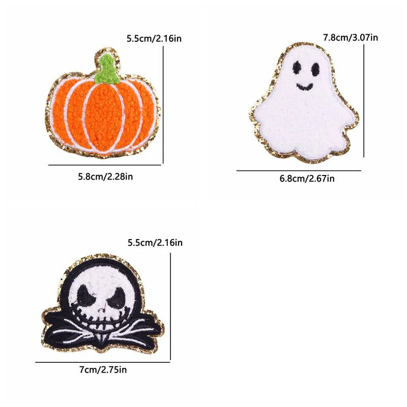 10 pezzi all\'ingrosso Halloween Pumpkin Ghost asciugamano toppa ricamata ferro su toppe con paillettes Glitter dorate Patch giacche adesivi