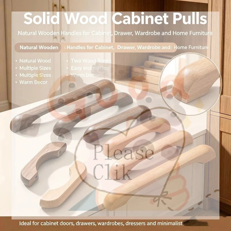 【HG】Natural Kitchen Furniture Wooden Handle Solid Wood Handles For Cabinets And Drawers Closet Dresser Wardrobe Pulls