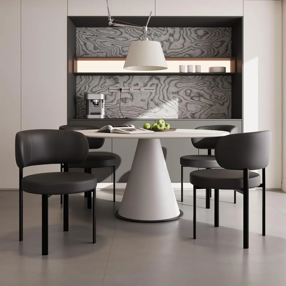 Set di sedie da pranzo Morden, sedia della metà del secolo con schienale curvo, sedile rotondo imbottito, gambe in acciaio al carbonio, pelle testurizzata