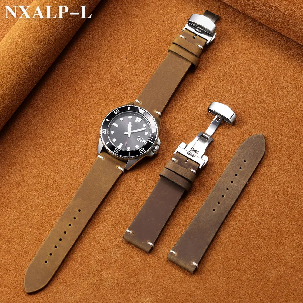 خمر النفط الشمع الجلود حزام (استيك) ساعة 18 مللي متر 20 مللي متر 21 22 مللي متر 24 مللي متر جلد البقر خياطة حزام ل Seiko ل أوميغا معصمه فراشة مشبك