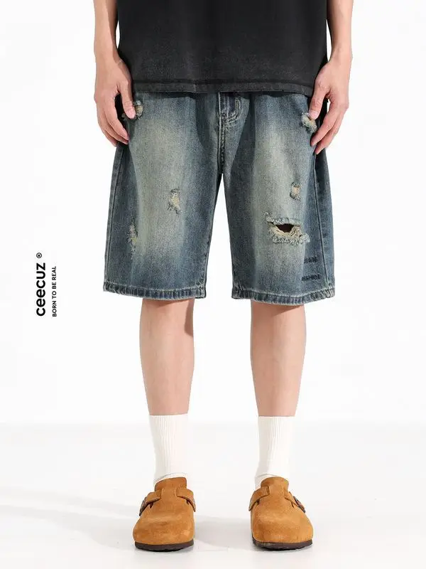 リップドアンティークストレートレッグデニムショートパンツメンズ夏新アメリカントレンディルーズワイドレッグ5点パンツ