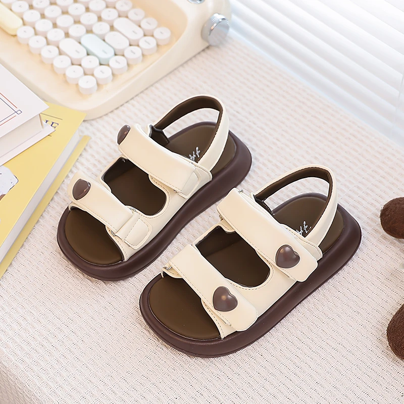 

Girls Leather Heart Shaped Sandals Toddler Gilrs Thick Soled Platform Beach Shoes Kids Infant Open Toe Casual Sandalias 6-12Y