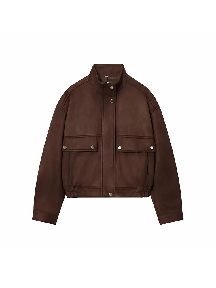 سترات نسائية كلاسيكية لخريف 2025 بجيوب كبيرة من جلد الغزال وياقة واقفة وأكمام طويلة معاطف نسائية كبيرة الحجم ملابس خروج للسيدات #1