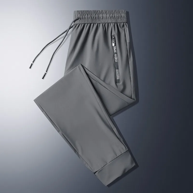 Quick Dry Pants Men Spring Summer Long Ice Silk Casual Straight Sports Trousers Fitness Training Youth Jogging Zip Pocket Pants