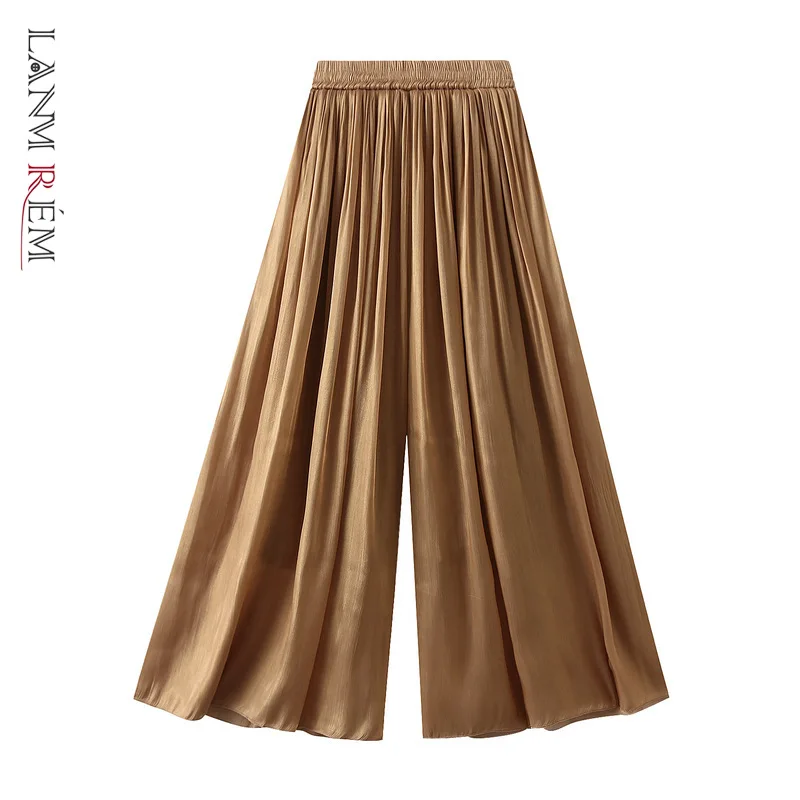 

LANMREM Sunscreen Pants For Women Yarn Elastic Waist Solid Color Wide Leg Cool Light Weight Trousers 2024 Summer New 2DA5803